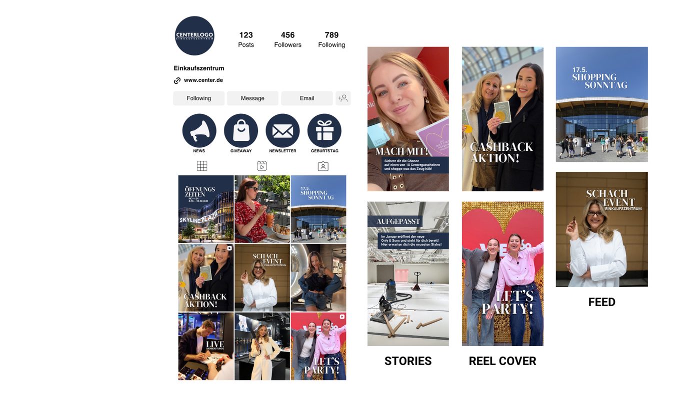 Übersicht · Profil, Feed, Stories, Reel-Cover